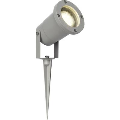 Lampe de jardin grise sur piquet de terre, de forme cylindrique, éclairant intensément.