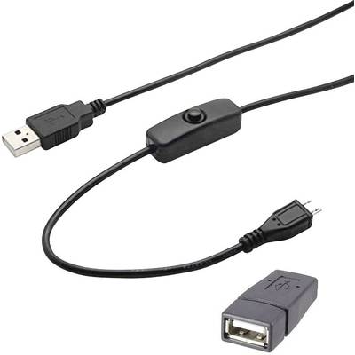 Câble d'extension USB avec interrupteur et adaptateur. Une extrémité a une fiche USB-A, l'autre une fiche USB-B. L'adaptateur a une prise USB-A.