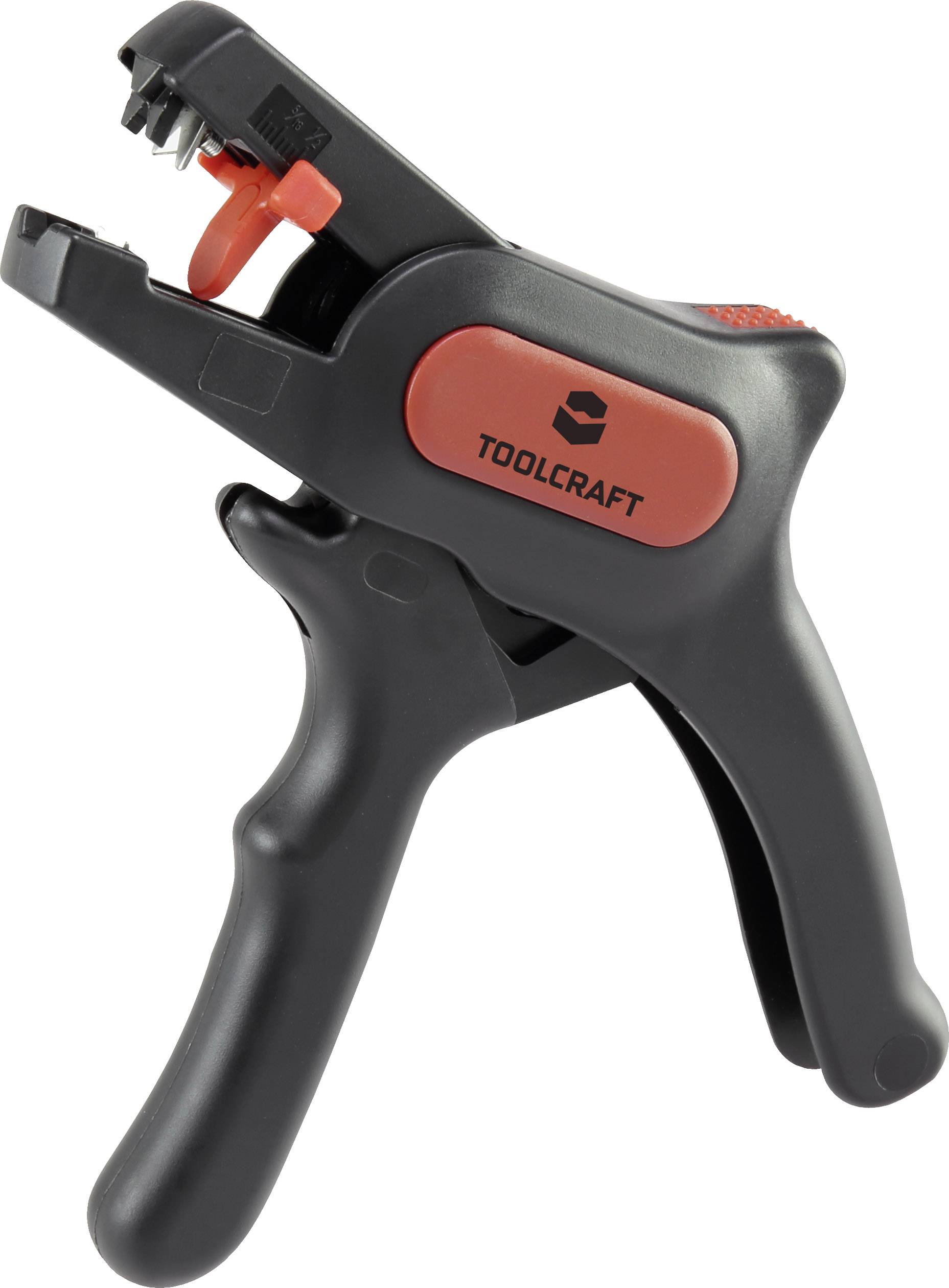 Une pince à dénuder noire avec des accents rouges, utilisée pour enlever l'isolation des câbles. Le nom de marque 'TOOLCRAFT' est visible.