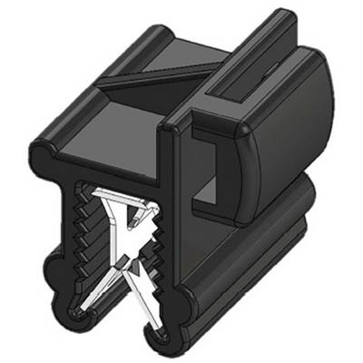 Prise noir et blanc avec mécanisme à denture, montrant des détails techniques et la structure de connexion.