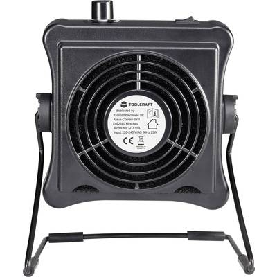 Ventilateur de table noir avec grille, inscription 'Toolcraft', ventilateur rond et commandes en haut.