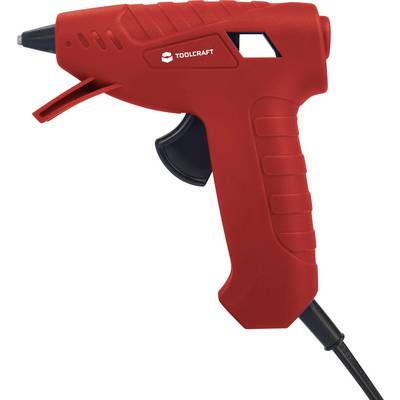 Pistolet à colle chaude rouge de la marque 'Toolcraft', doté d'une poignée ergonomique et d'un branchement par câble, sur un fond blanc.