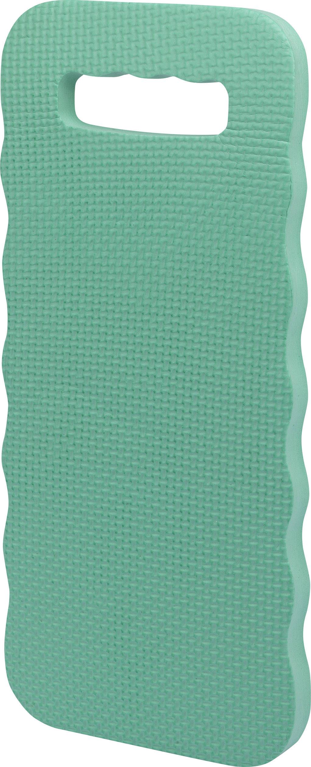 Coussin de genou vert avec surface structurée et poignée, utilisé pour les travaux de jardinage ou de sol afin de protéger les genoux.