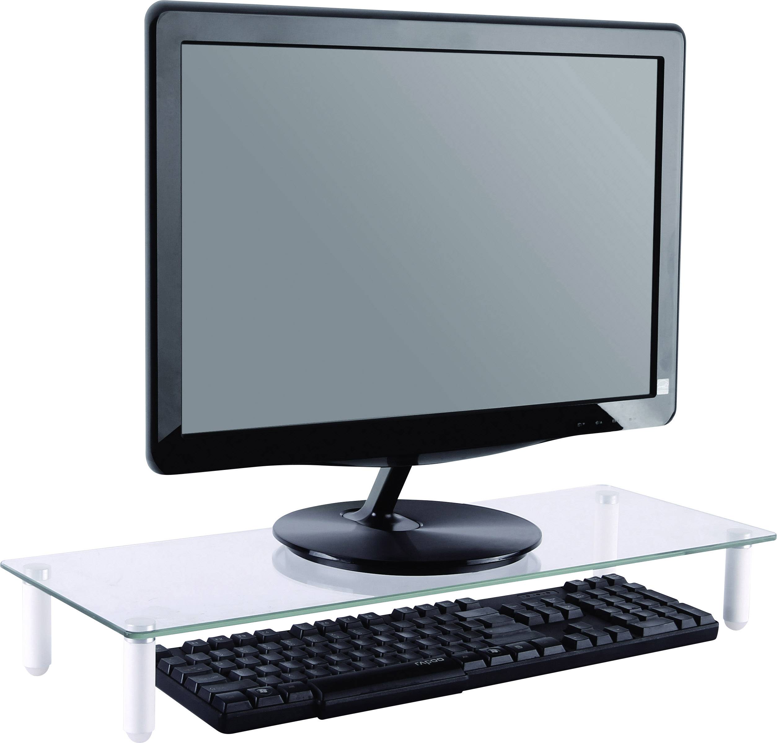 Un écran plat noir est posé sur une étagère en verre transparent, avec un clavier noir en dessous.