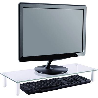 Un écran plat noir est posé sur une étagère en verre transparent, avec un clavier noir en dessous.