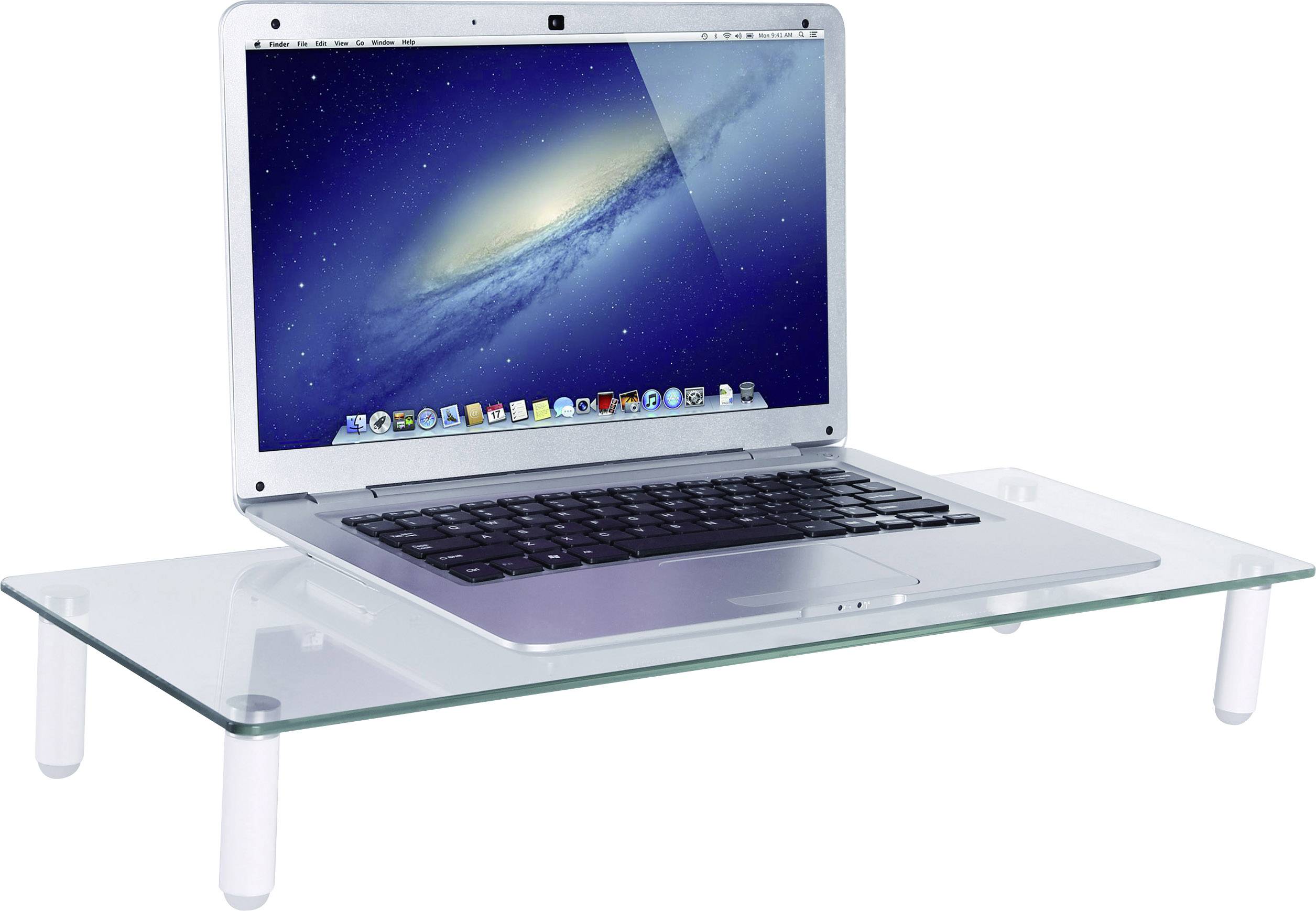 Un ordinateur portable ouvert est posé sur un cadre en verre plat et transparent, reposant sur des pieds blancs. L'écran de l'ordinateur portable affiche l'espace.