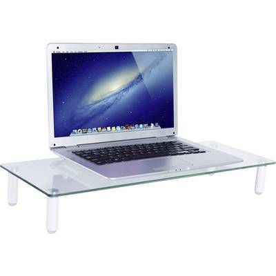 Un ordinateur portable ouvert est posé sur un cadre en verre plat et transparent, reposant sur des pieds blancs. L'écran de l'ordinateur portable affiche l'espace.