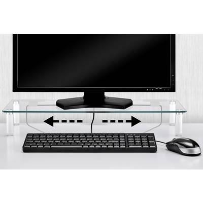 Un moniteur est posé sur une étagère en verre, avec des flèches indiquant un espace de rangement en dessous. Le clavier et la souris sont placés en dessous.