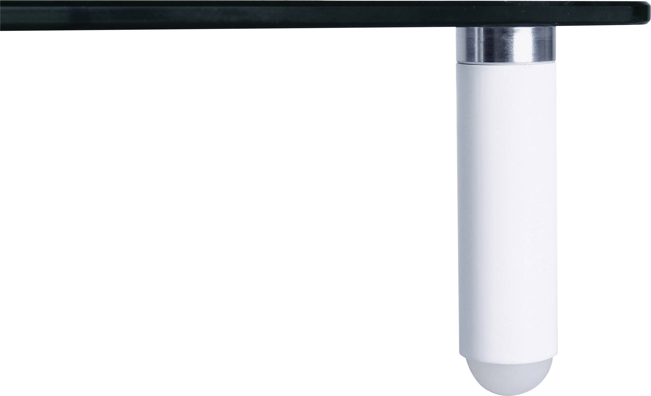 Pied d'une table de forme cylindrique blanche avec un point de jonction argenté, supportant une plaque de verre.