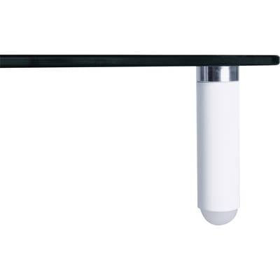 Pied d'une table de forme cylindrique blanche avec un point de jonction argenté, supportant une plaque de verre.