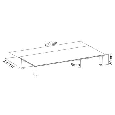 Schéma d'une table rectangulaire avec les dimensions suivantes : longueur 560 mm, largeur 210 mm, hauteur 80 mm, épaisseur du plateau 5 mm.