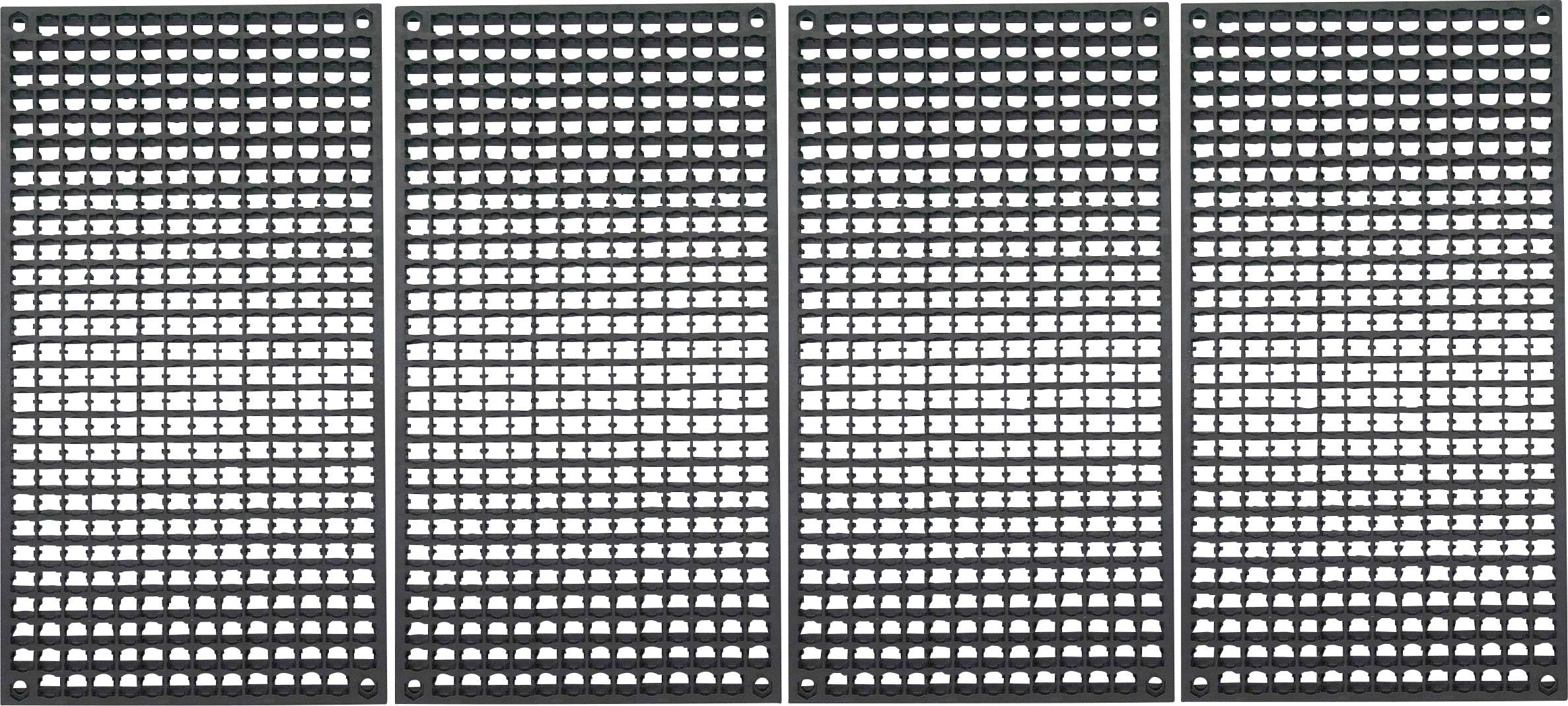 Quatre plaques métalliques identiques sont disposées côte à côte, avec un motif régulier de petites ouvertures rectangulaires perforées.
