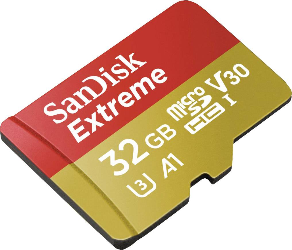 Carte microSD SanDisk Extreme, 32 Go, V30, U3, A1, design rouge et or.