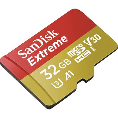 Carte microSD SanDisk Extreme, 32 Go, V30, U3, A1, design rouge et or.