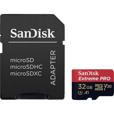 Adaptateur microSD SanDisk à côté d'une carte microSD Extreme PRO SanDisk rouge de 32 Go, adapté pour un transfert de données rapide.