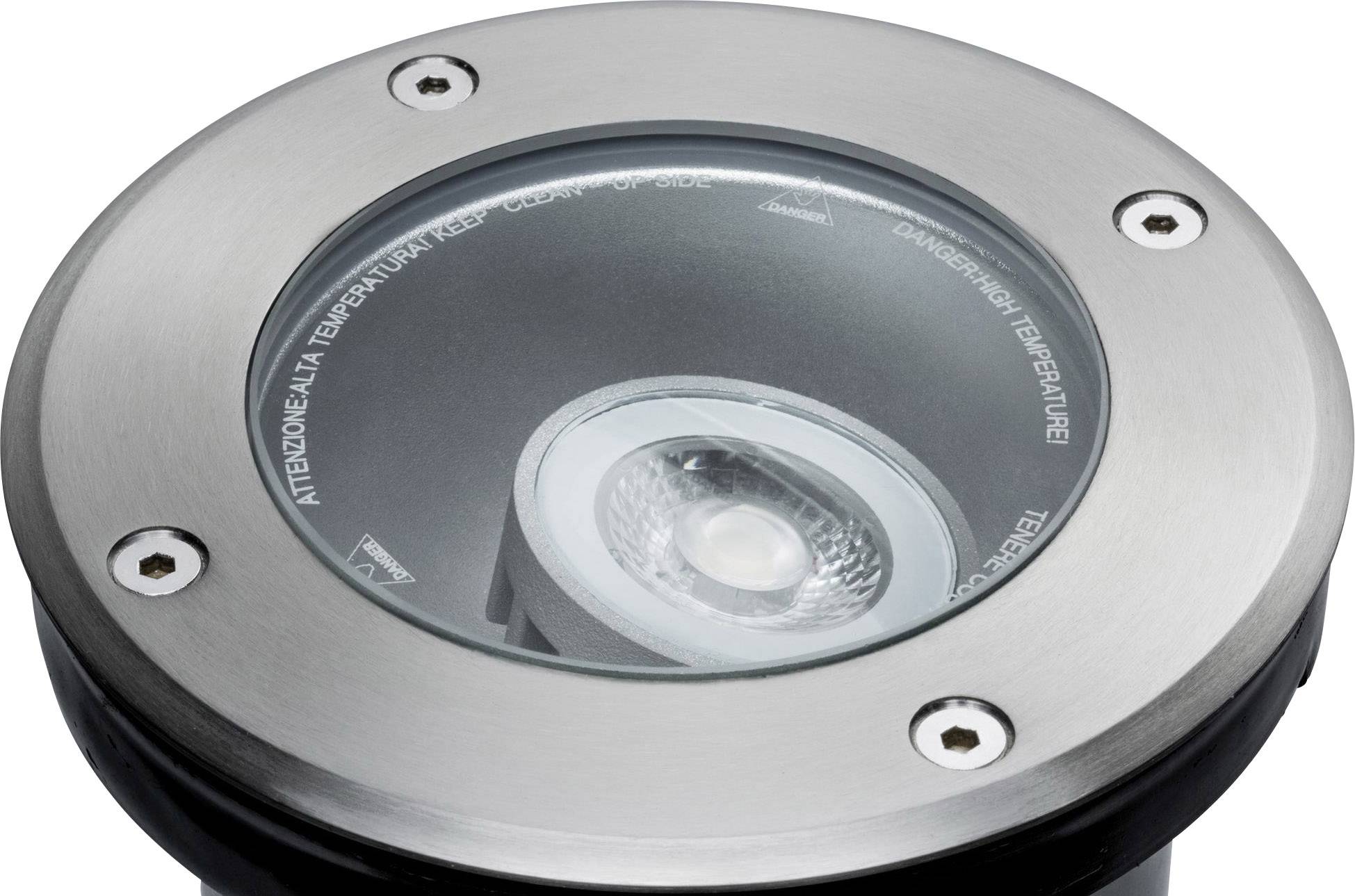 Un projecteur de sol rond en argent avec un couvercle en verre et une source lumineuse LED visible.