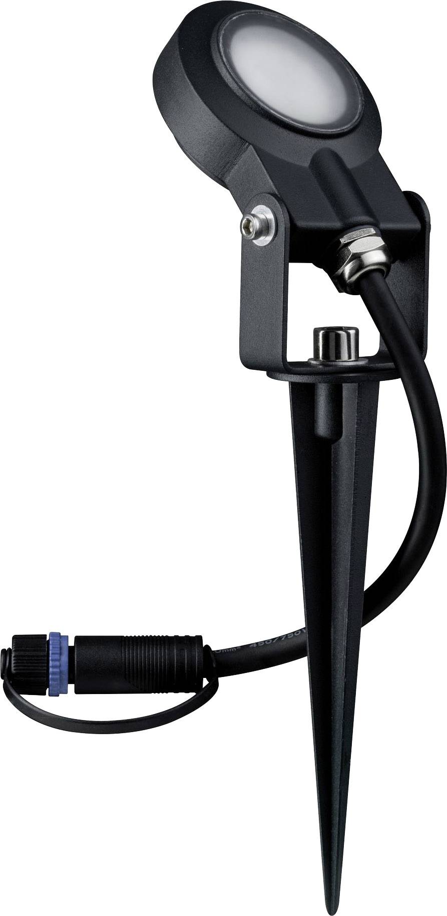Projecteur LED de jardin noir avec piquet et câble, adapté à l'éclairage des espaces extérieurs.