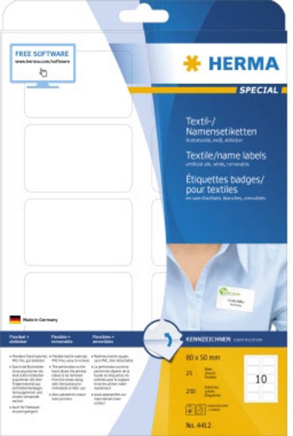 Herma 4412 Etiquette badges 80 x 50 mm acétate de cellulose blanc 250 pc(s) décollable imprimante laser, imprimante laser couleur, photocopieuse, photocopieuse couleur