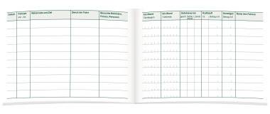 Carnet ouvert avec des tableaux pour saisir des données : Date, Heure, Numéro de véhicule, Distance parcourue, Ravitaillement et Observations.