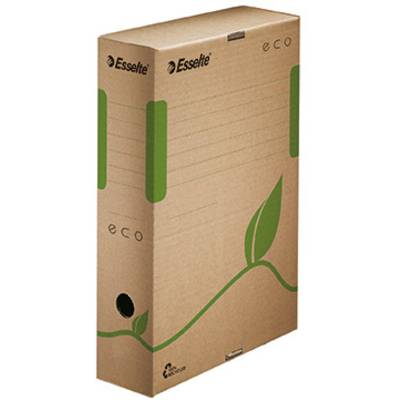 Boîte de classement en carton avec motif de feuille verte, étiquette 'Esselte', recyclable.