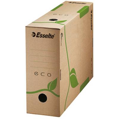 Un carton d'archives marron portant l'inscription 'Esselte eco'. Des graphiques verts avec des feuilles symbolisent un design respectueux de l'environnement.
