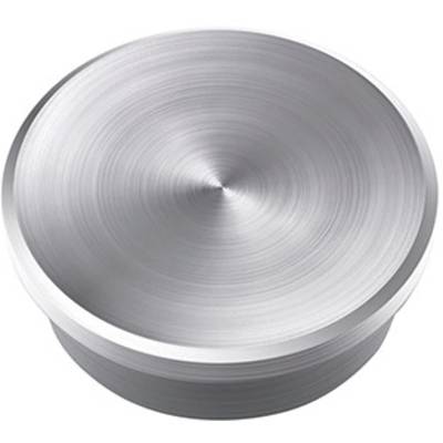 Bouton rond en métal argenté à surface brossée, probablement utilisé pour des appareils électriques ou des meubles.