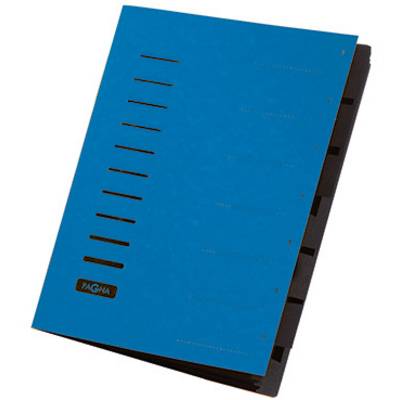 Un classeur bleu avec dix intercalaires noirs sur le côté droit, utilisés pour l'organisation des documents.