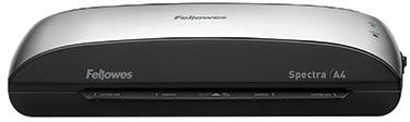 Un Fellowes Spectra A4 stratifié argent et noir, un appareil pour plastifier des documents papier, avec des témoins lumineux sur le côté droit.