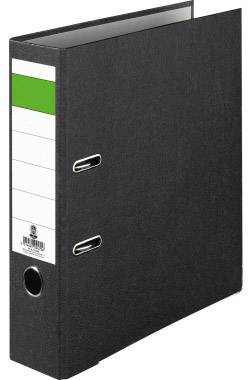 Un classeur noir avec une étiquette blanche et une bande verte. Deux pinces métalliques sont visibles.