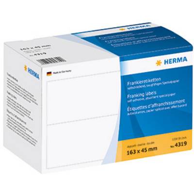 Un paquet d'étiquettes d'affranchissement Herma, format 163 x 45 mm, numéro d'article 4319. L'emballage présente une icône du drapeau allemand.
