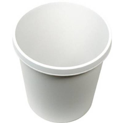 Un récipient en plastique blanc et rond avec un couvercle, généralement utilisé pour stocker des aliments ou d'autres objets.