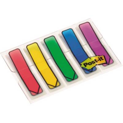 Cinq bandes de signets adhésifs de différentes couleurs dans un paquet. Couleurs : Rouge, Jaune, Vert, Bleu, Violet.