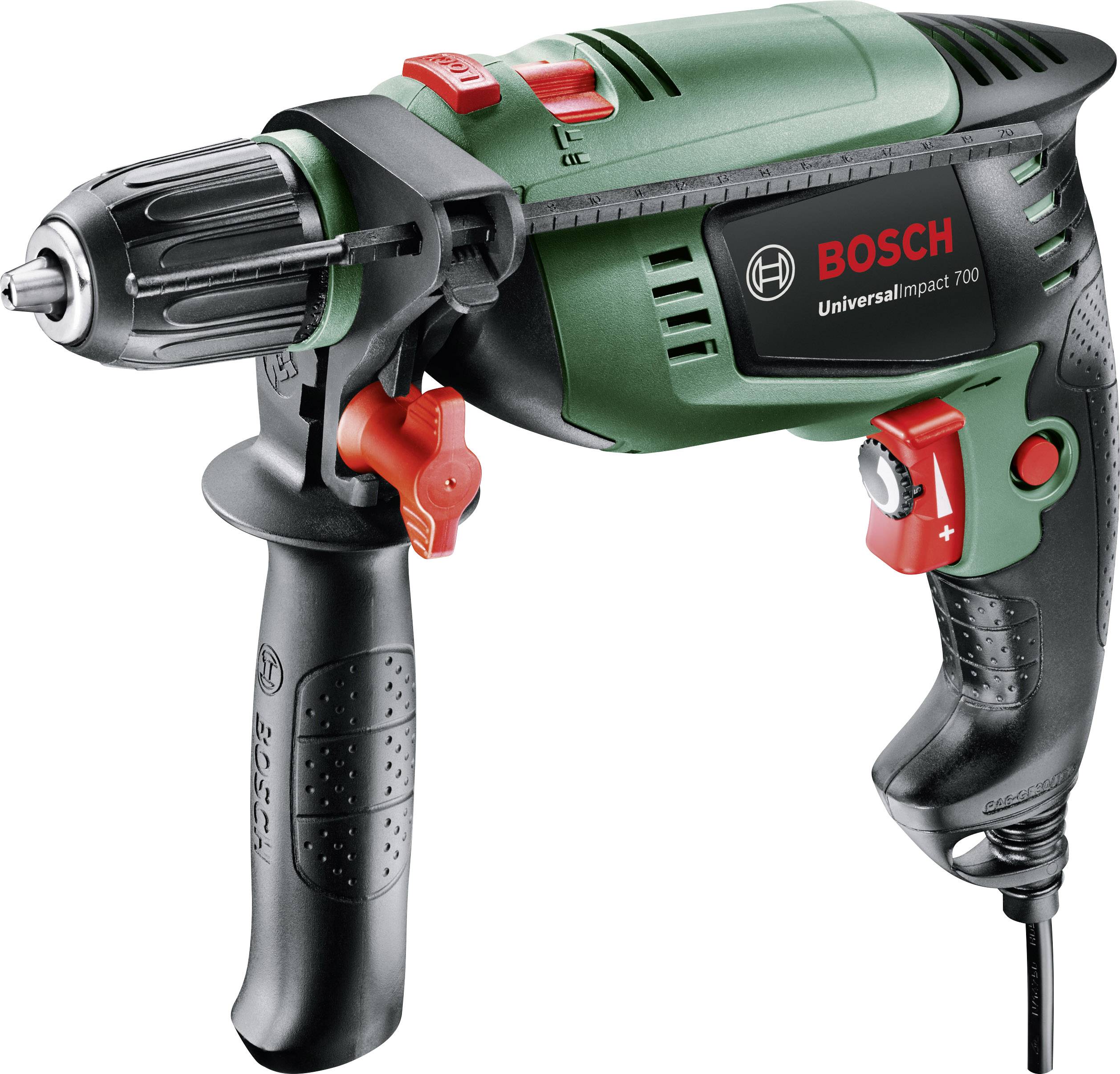 Une perceuse Bosch verte avec une poignée noire et des accents rouges. Modèle : UniversalImpact 700.