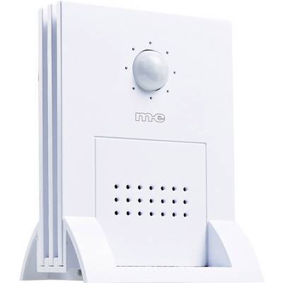 Un détecteur de mouvement blanc avec de petits trous et une lentille en haut. L'appareil est installé sur un support et convient aux espaces intérieurs.