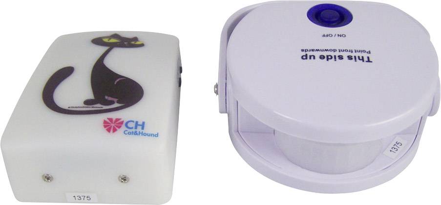Deux dispositifs électroniques pour dissuader les chats. À gauche : Appareil avec silhouette de chat et logo. À droite : Appareil avec bouton bleu.