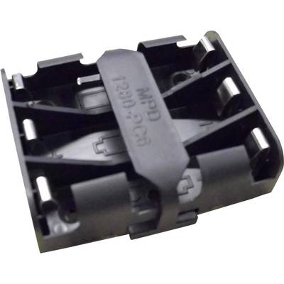 Un support de piles en plastique noir. Possède quatre emplacements pour des piles cylindriques comme AA ou AAA, avec des contacts métalliques.