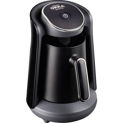 Machine à café électrique avec un boîtier noir et une poignée argentée. Un bouton marche/arrêt est situé sur le dessus.
