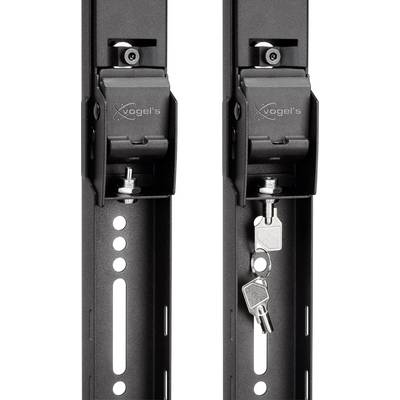 Deux supports en métal noir avec un cadenas de sécurité et des clés, présentant des rainures de fixation verticales et le logo 'Vogel's'.