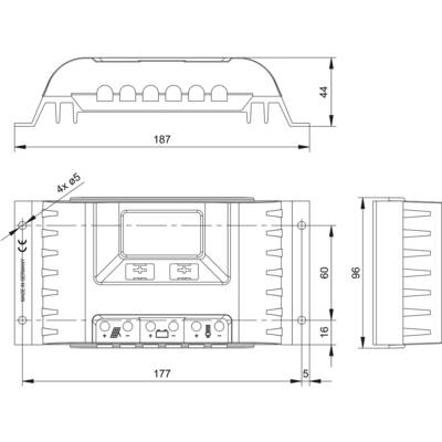 Dessin technique d'un appareil électronique avec dimensions en millimètres : largeur 187, hauteur 96, profondeur 60. Présente les vues de face, de côté et de dessus.