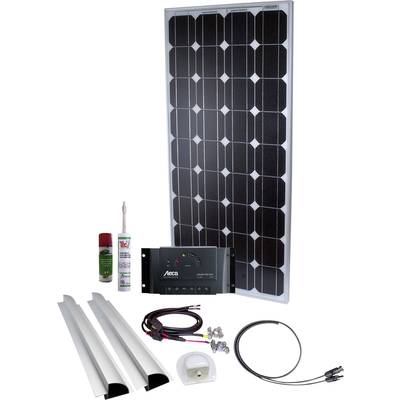 Kit de panneaux solaires comprenant un panneau solaire, un régulateur de charge, des rails de fixation, des câbles et des accessoires de connexion, prêt à être monté et utilisé.
