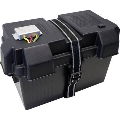 Une boîte en plastique noir robuste, équipée d'une sangle de sécurité et d'un module électronique sur le dessus. Elle est destinée au stockage sécurisé et à la connexion.