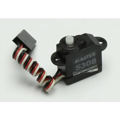 Servomoteur 'MASTER S308' avec connecteur et câble enroulé en spirale sur fond blanc.