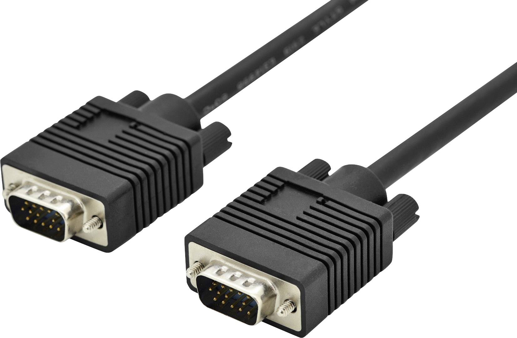 Câble VGA noir avec deux connecteurs contenant chacun plusieurs broches, utilisé pour connecter des signaux vidéo.