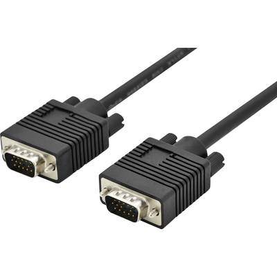 Câble VGA noir avec deux connecteurs contenant chacun plusieurs broches, utilisé pour connecter des signaux vidéo.
