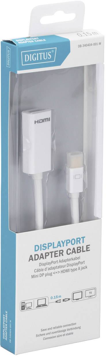 Emballage d'un câble adaptateur DisplayPort de DIGITUS, avec connecteur Mini DP vers prise HDMI. Adapté pour des connexions vidéo stables.