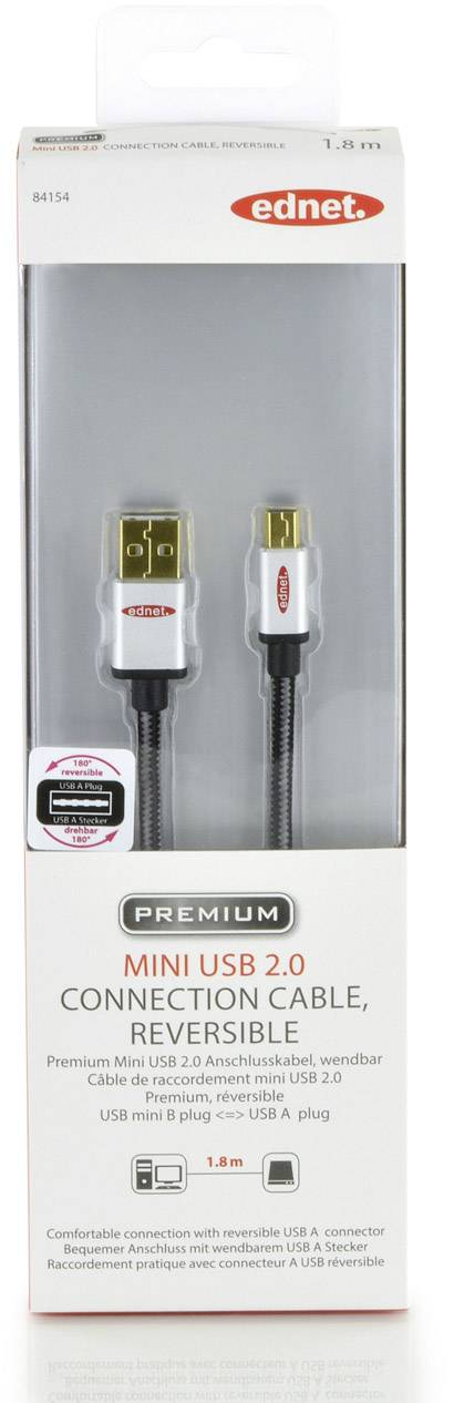 ednet Câble USB USB 2.0 USB-A mâle, USB-Mini-B mâle 1.80 m noir rond, connecteur utilisable des deux cotés, blindage dou-3