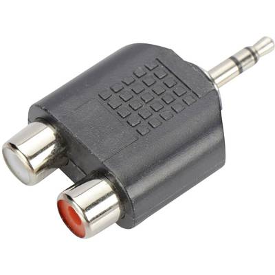 Un adaptateur jack noir de 3,5 mm avec deux sorties RCA, utilisé pour connecter des appareils audio.