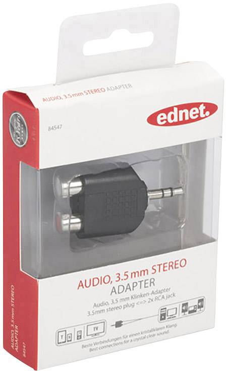 Emballage d'un adaptateur audio 'ednet', jack 3,5 mm vers 2x RCA. Convient pour TV, enceintes, ordinateur et lecteurs MP3.
