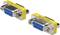 Deux fiches VGA avec un boîtier jaune et des connexions bleues, l'une avec des broches mâles et l'autre avec des broches femelles pour un adaptateur de genre.