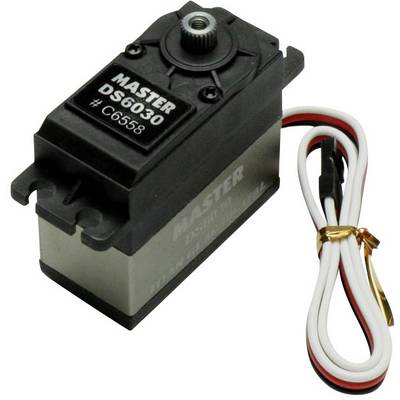 Un servomoteur noir modèle 'MASTER DS6030' avec un câble blanc connecté, adapté pour les modèles RC et les projets robotiques.